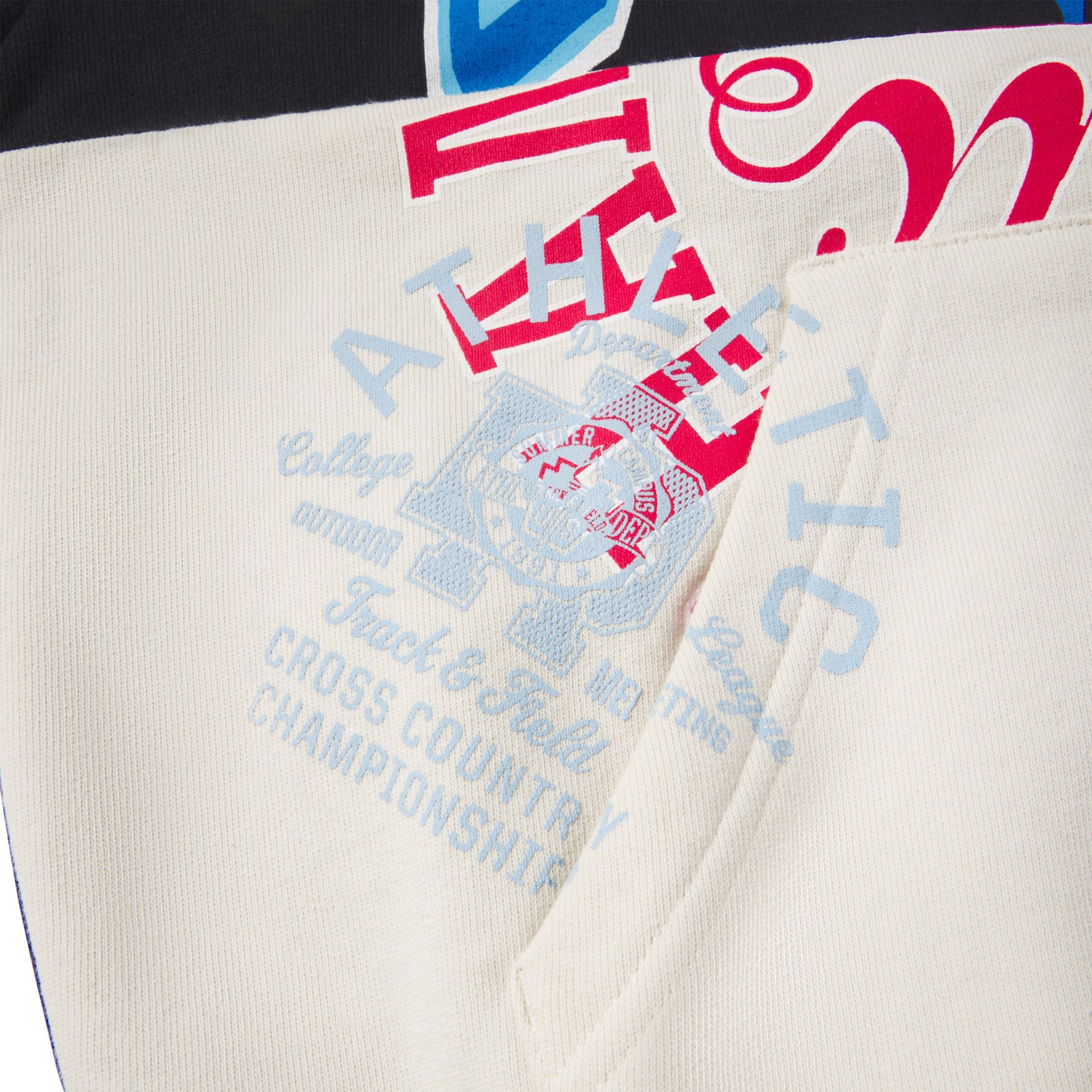 Off-white and black color block cotton fleece zip hoodie with a varsity-inspired graphic print and kangaroo pocket.