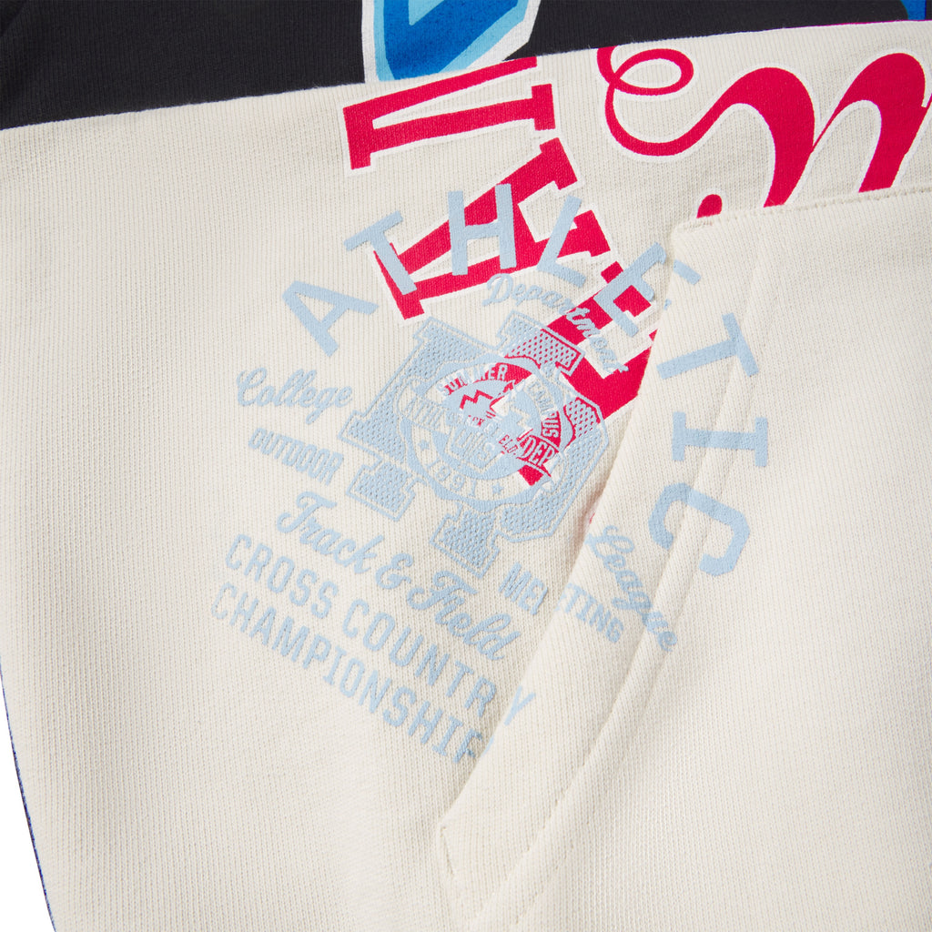 Off-white and black color block cotton fleece zip hoodie with a varsity-inspired graphic print and kangaroo pocket.