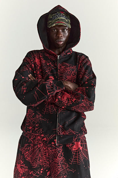 BLACK AOP WEB ZIP UP V2 HOODIE ON MODEL