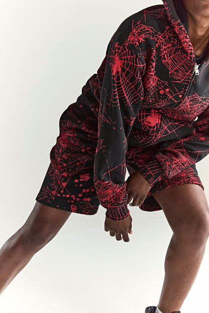 BLACK AOP WEB ZIP UP V2 HOODIE ON MODEL