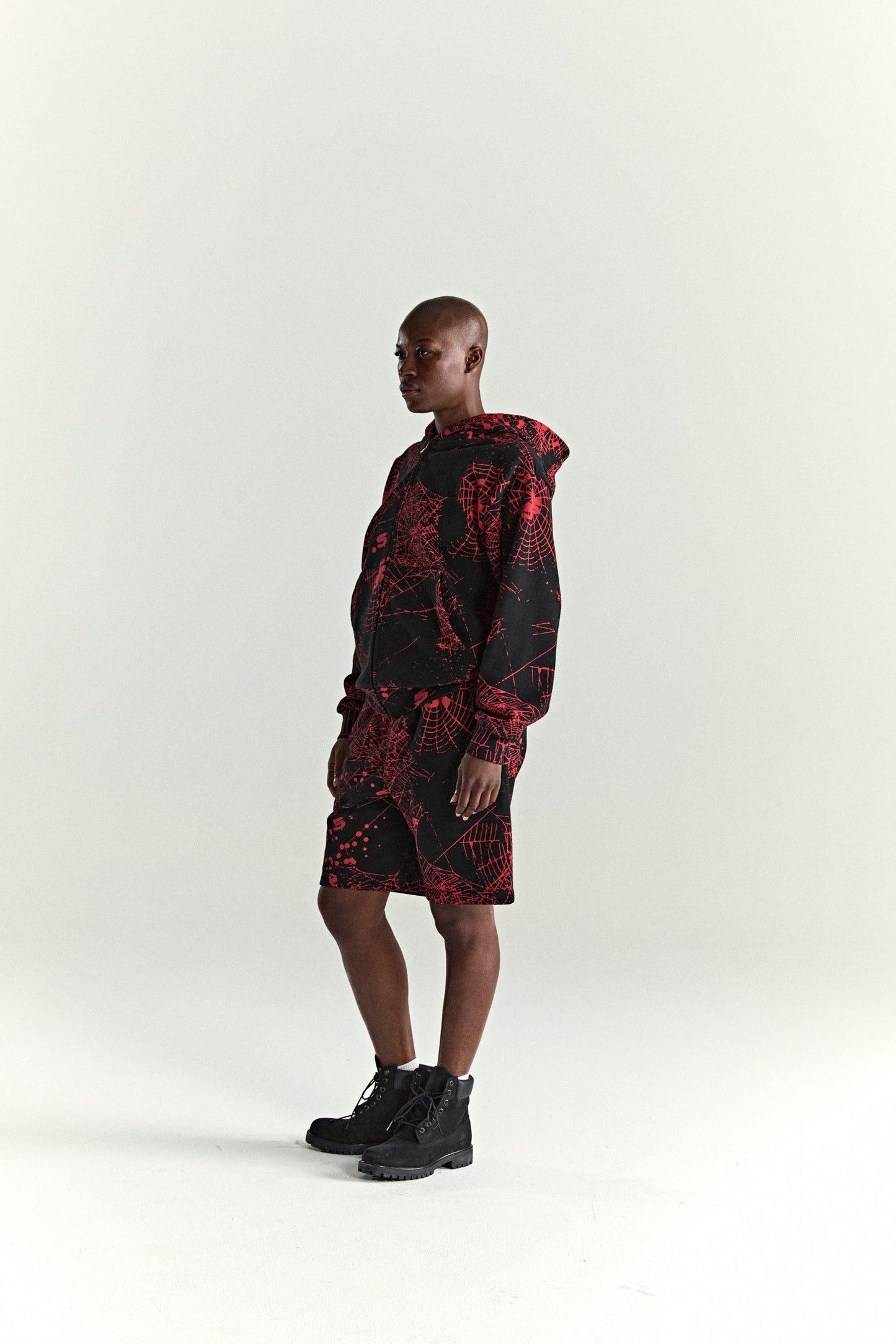 BLACK AOP WEB ZIP UP V2 HOODIE ON MODEL