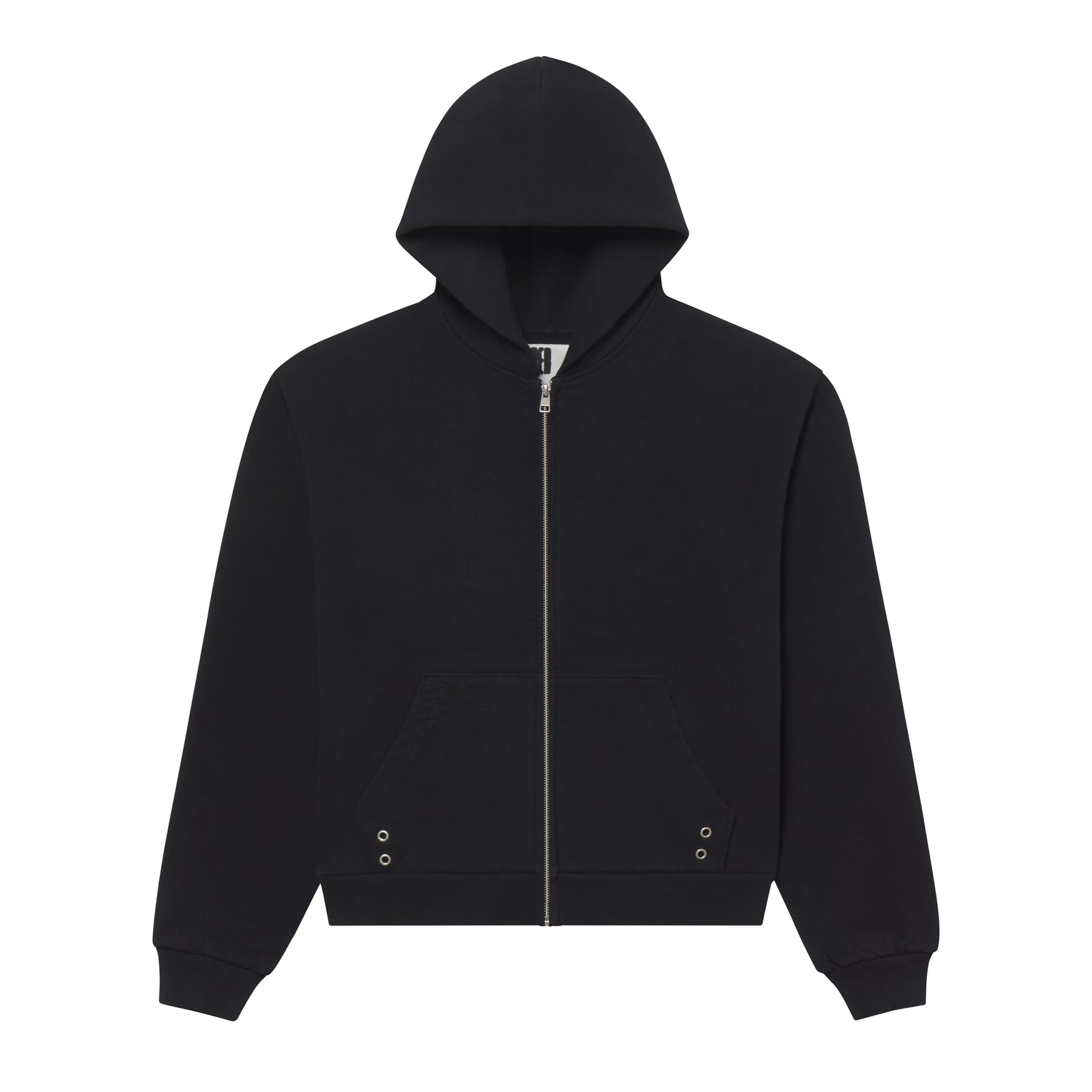 Black 13oz cotton fleece zip hoodie with metal grommet pocket detailing and subtle web embroidery.
