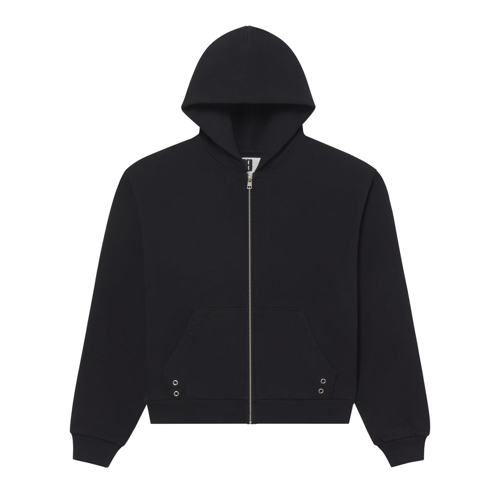 Black 13oz cotton fleece zip hoodie with metal grommet pocket detailing and subtle web embroidery.