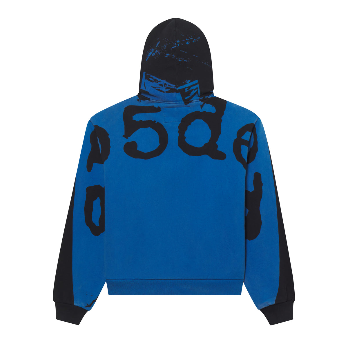 Blue and black 13oz cotton fleece zip hoodie with a wrap-around graphic print and textured hood detailing.