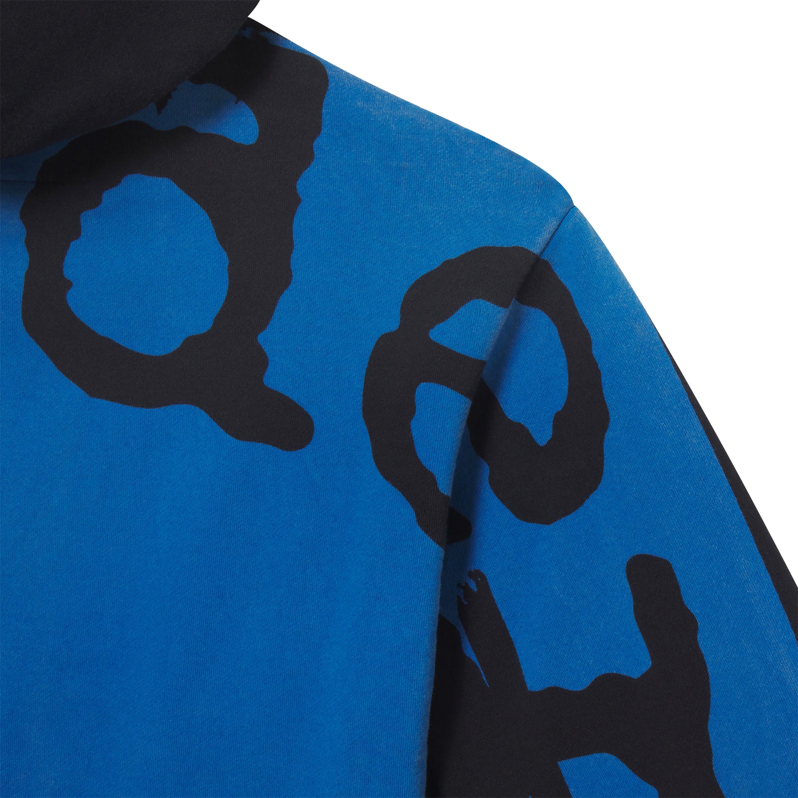 Blue 13oz cotton fleece zip hoodie featuring a black graphic text print extending from the back across the sleeves.
