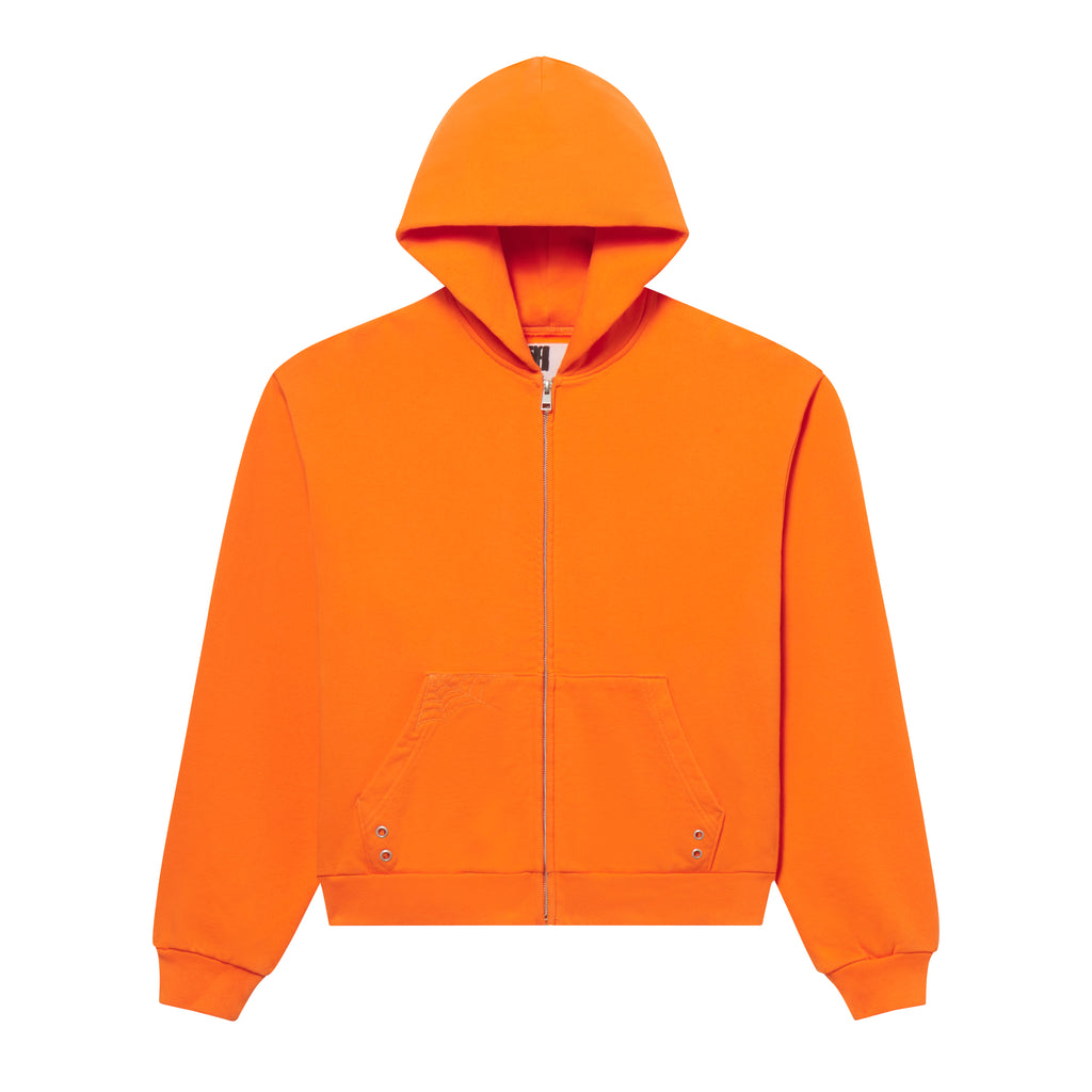 Bright orange 13oz cotton fleece zip hoodie with web embroidery on pockets and metal grommet detailing.