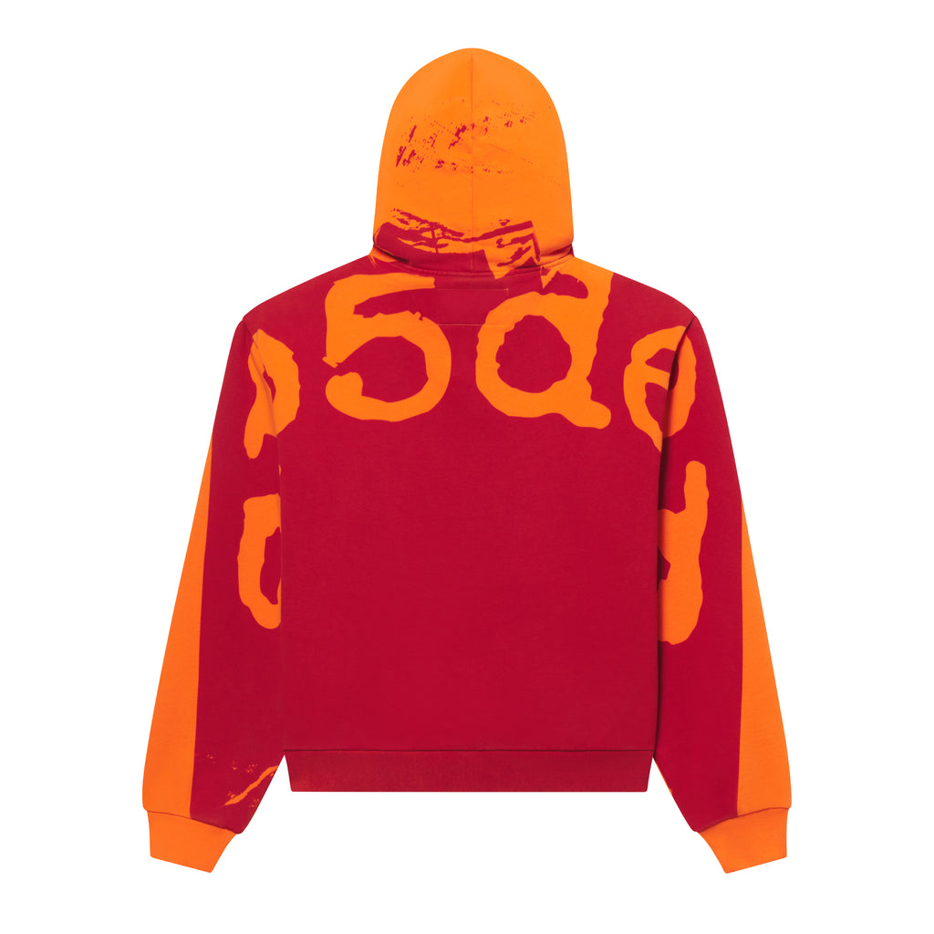 Red and orange cotton fleece zip hoodie featuring a bold graphic print extending from the back across the sleeves.