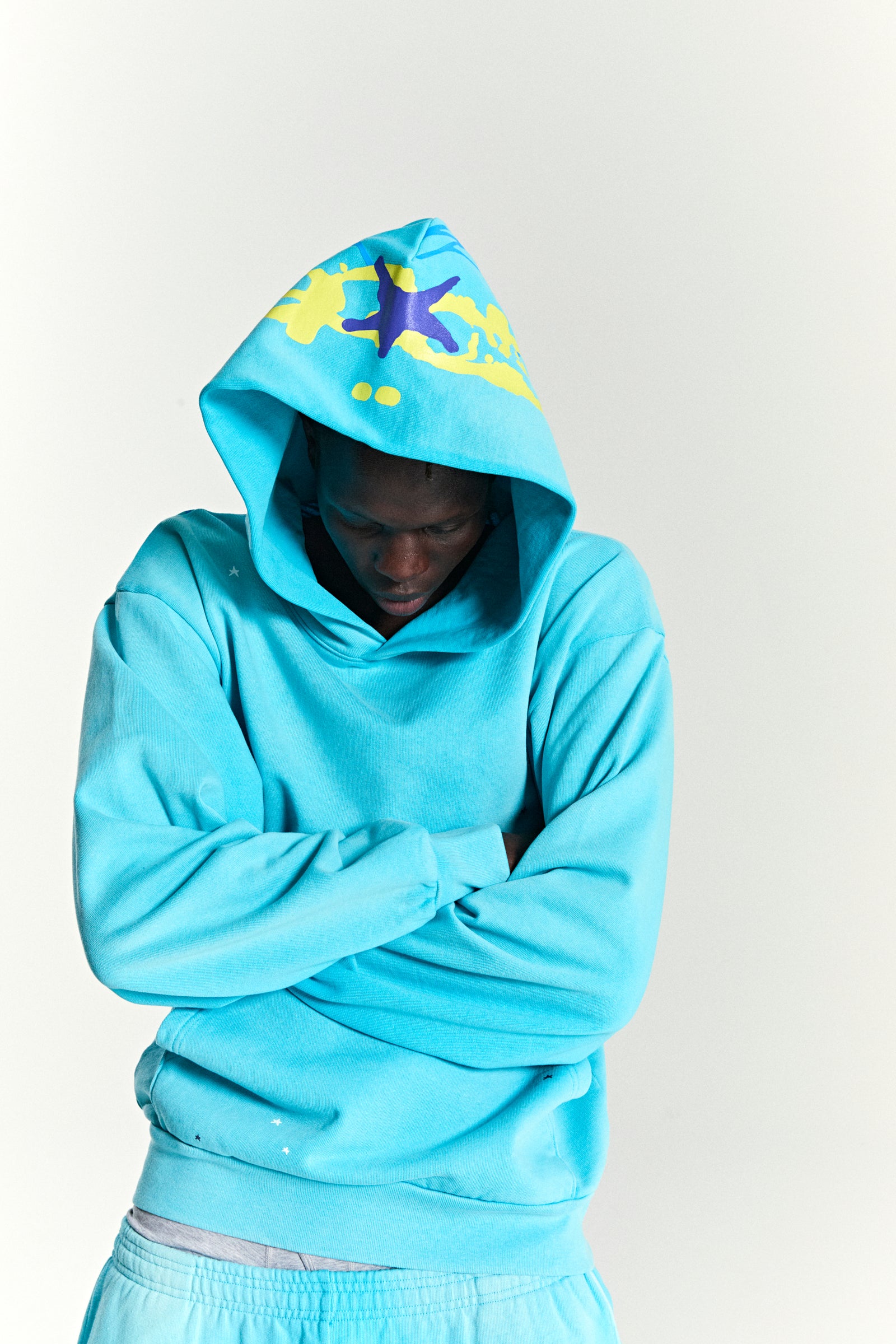 Blue 13oz cotton fleece Heavy Web Hoodie with yellow and purple star print on hood.