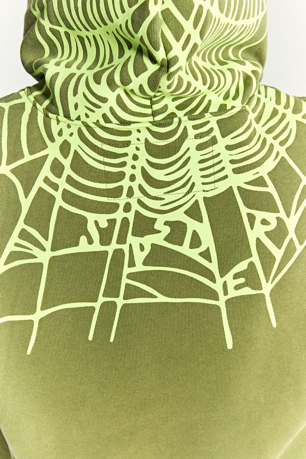 Olive green cotton fleece hoodie with a light green web print on the back hood and shoulders.