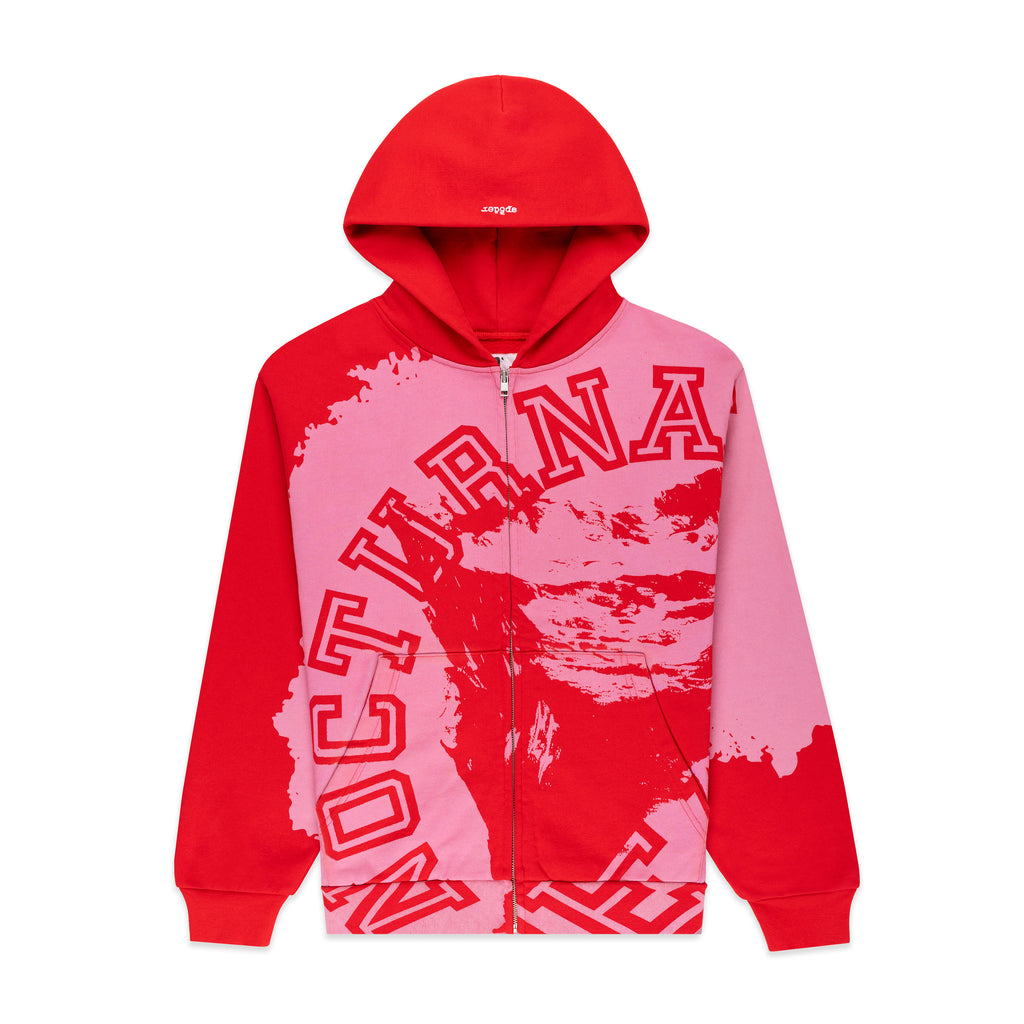 Red and pink color-blocked NOCTURNAL ZIP HOODIE with varsity lettering and split pockets.