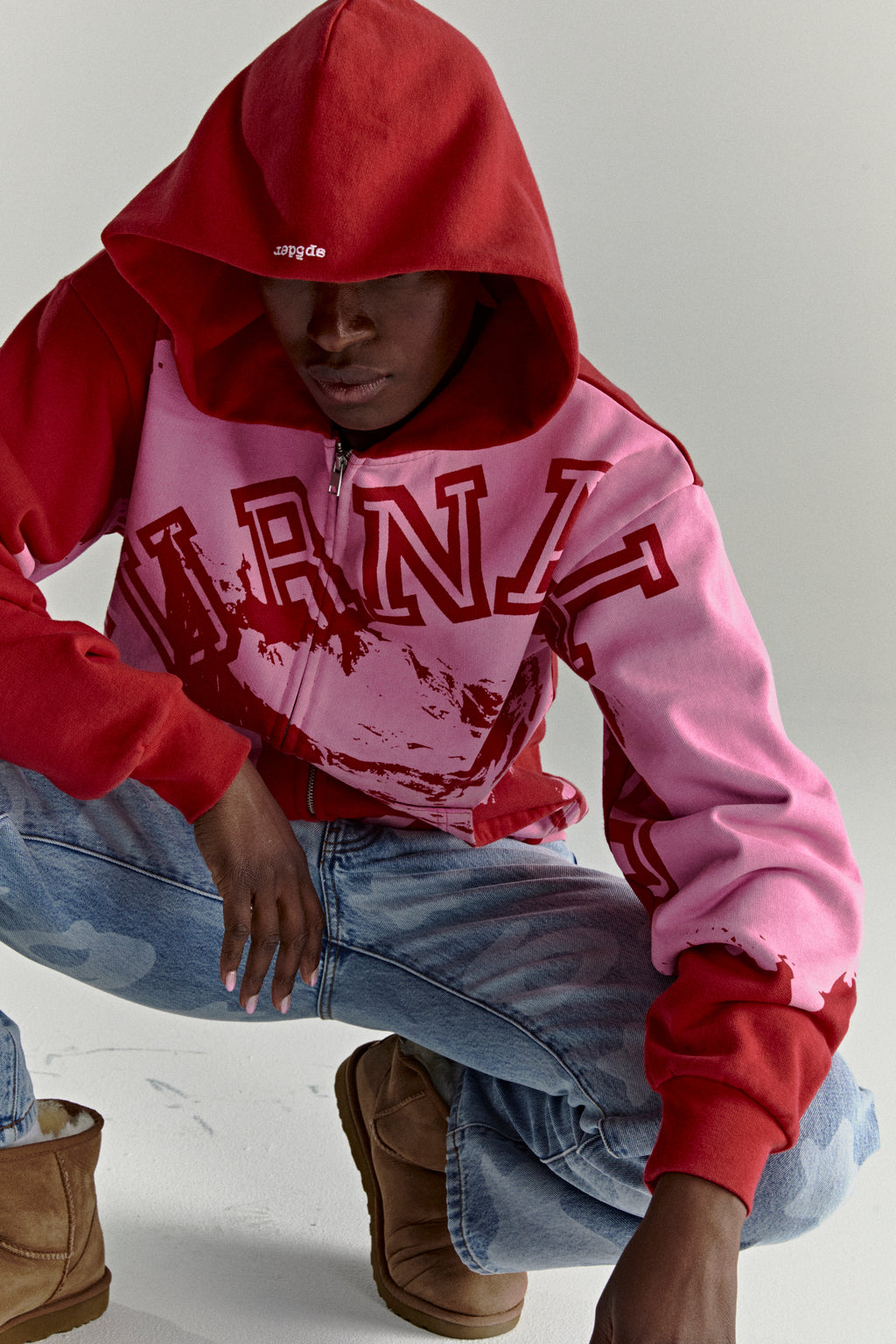 NOCTURNAL ZIP HOODIE: Red and pink color-blocked 13oz cotton fleece hoodie with varsity lettering and embroidered logo.