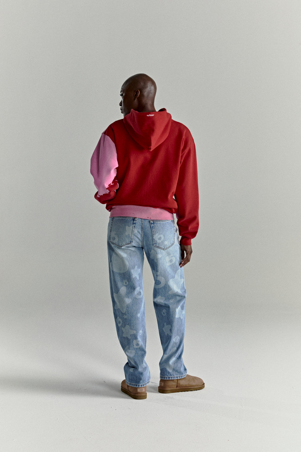 NOCTURNAL ZIP HOODIE: Red and pink color-blocked cotton fleece hoodie with varsity lettering.