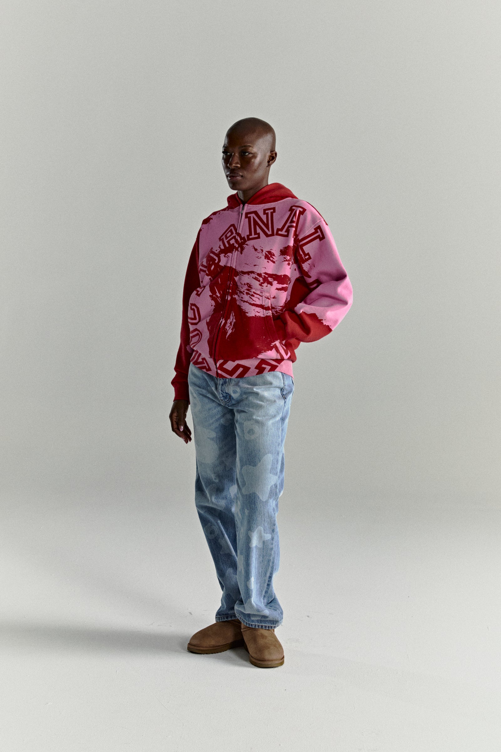 NOCTURNAL ZIP HOODIE: Color-blocked red and pink cotton fleece hoodie with varsity lettering and zip closure.
