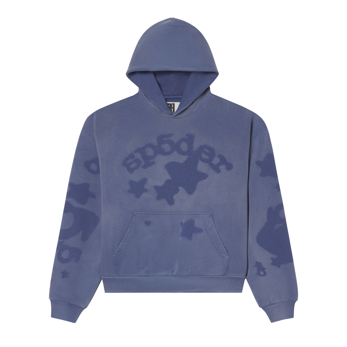 Blue 13oz cotton fleece hoodie featuring a distressed SP5DER graphic print and star designs on the front and sleeves.