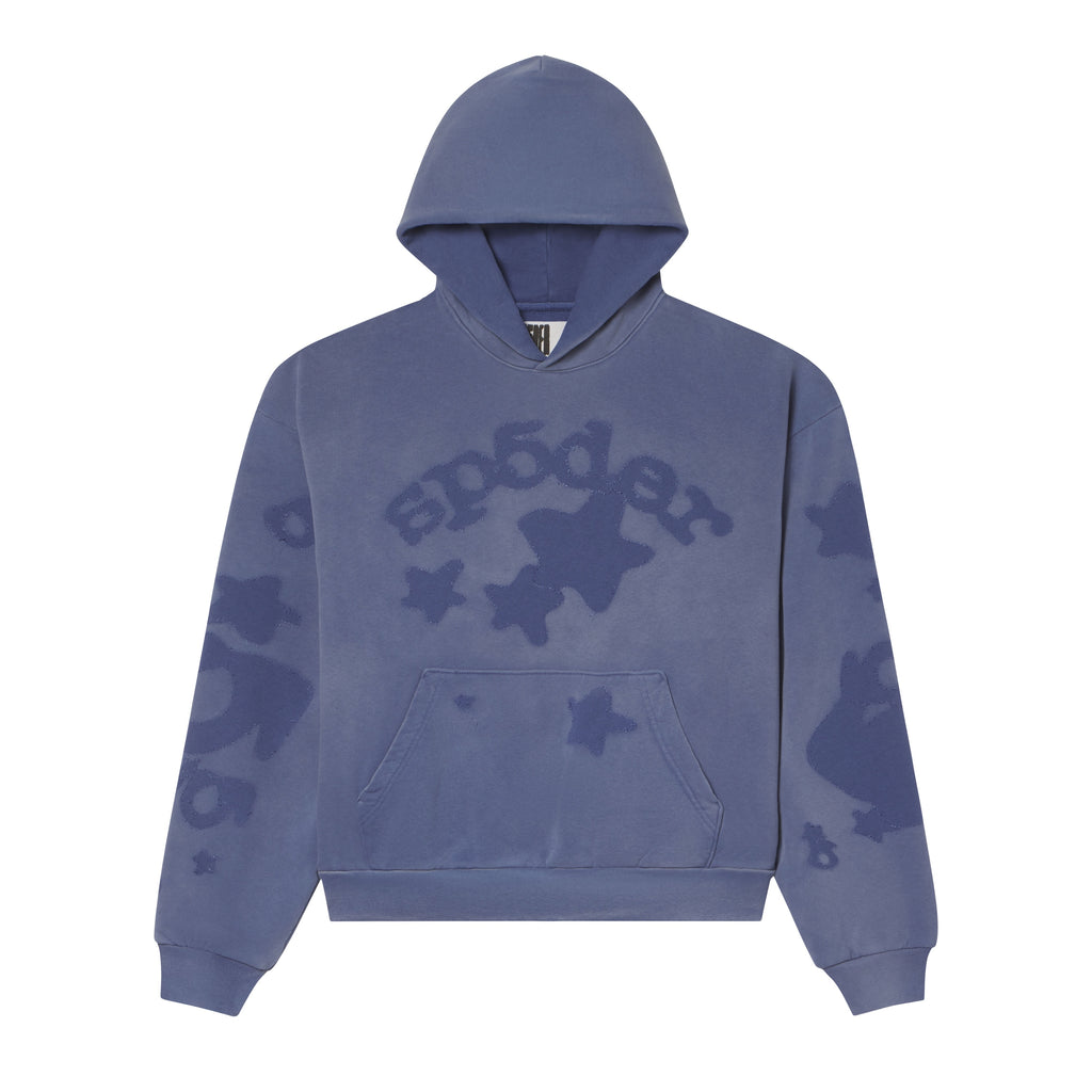 Blue 13oz cotton fleece hoodie featuring a distressed SP5DER graphic print and star designs on the front and sleeves.