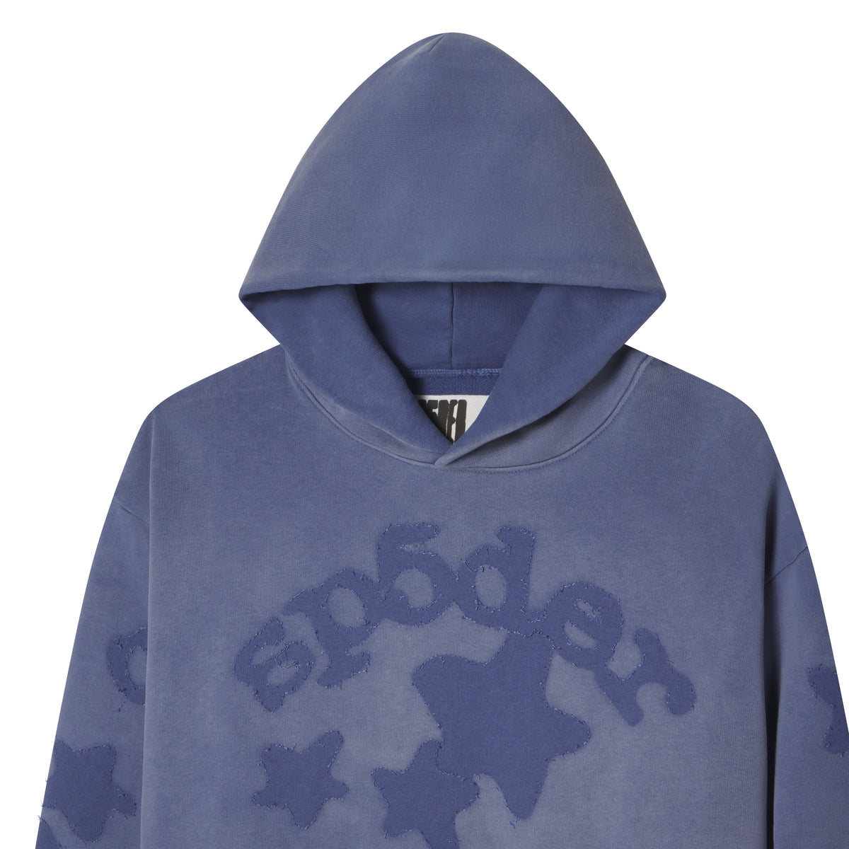 Blue 100% cotton fleece hoodie featuring a distressed SP5DER graphic print and star applique design on the front.