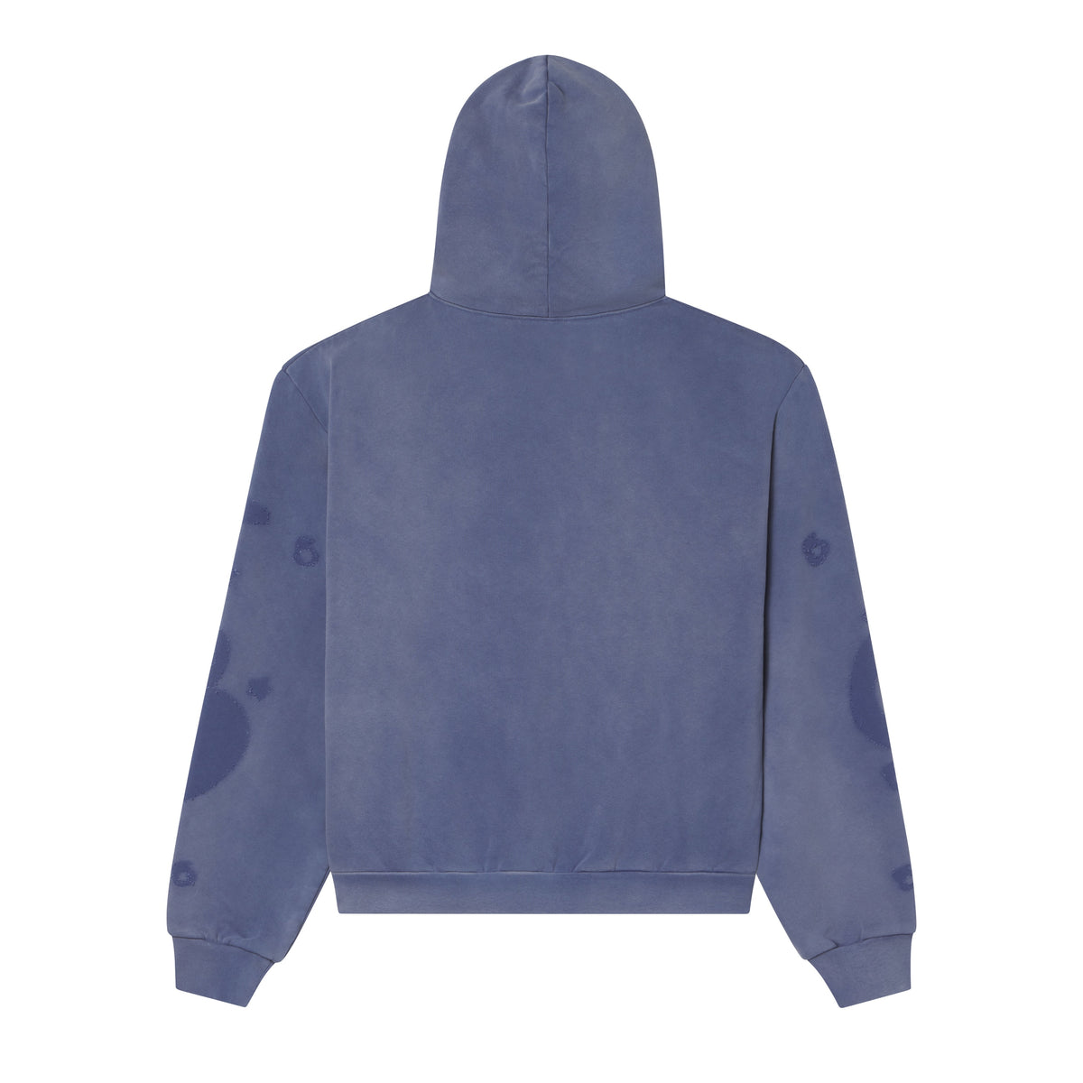 Back view of a blue 13oz cotton fleece hoodie with subtle star graphic prints on the sleeves and a rib knit hem.