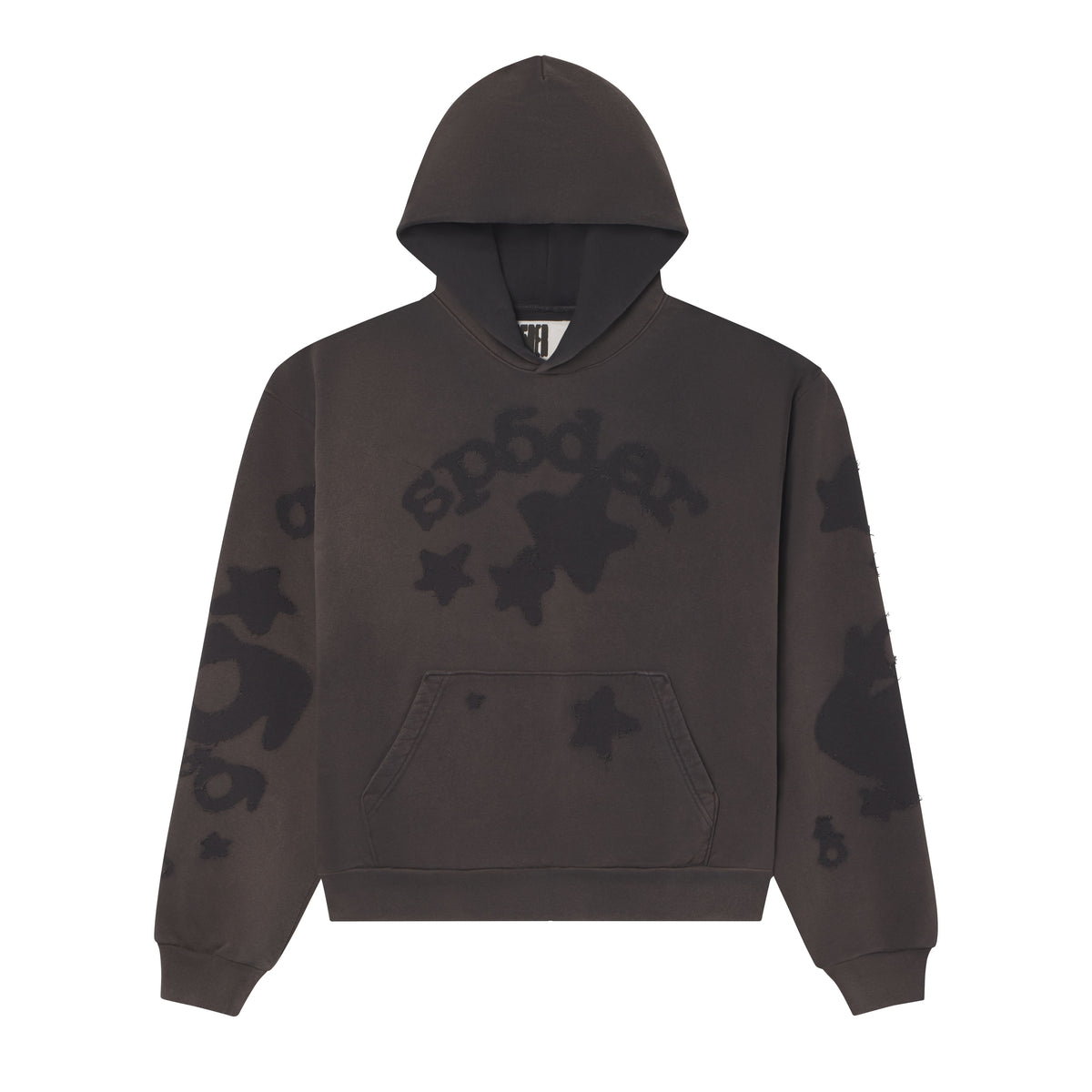Dark grey 13oz cotton fleece hoodie with distressed SP5DER text and star graphic prints on the front and sleeves.