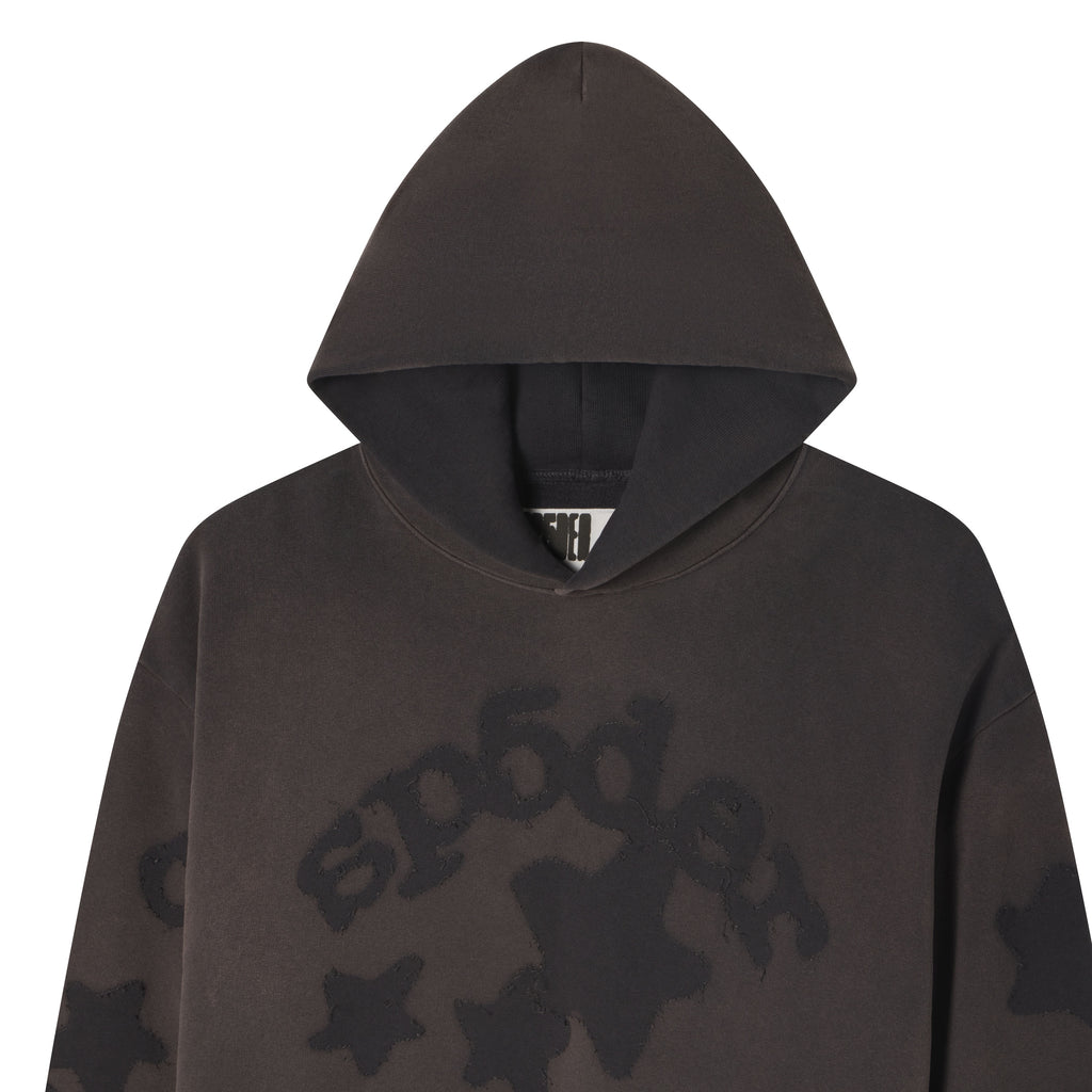 Dark grey 100% cotton fleece hoodie featuring a distressed SP5DER graphic print and star applique design on the front.