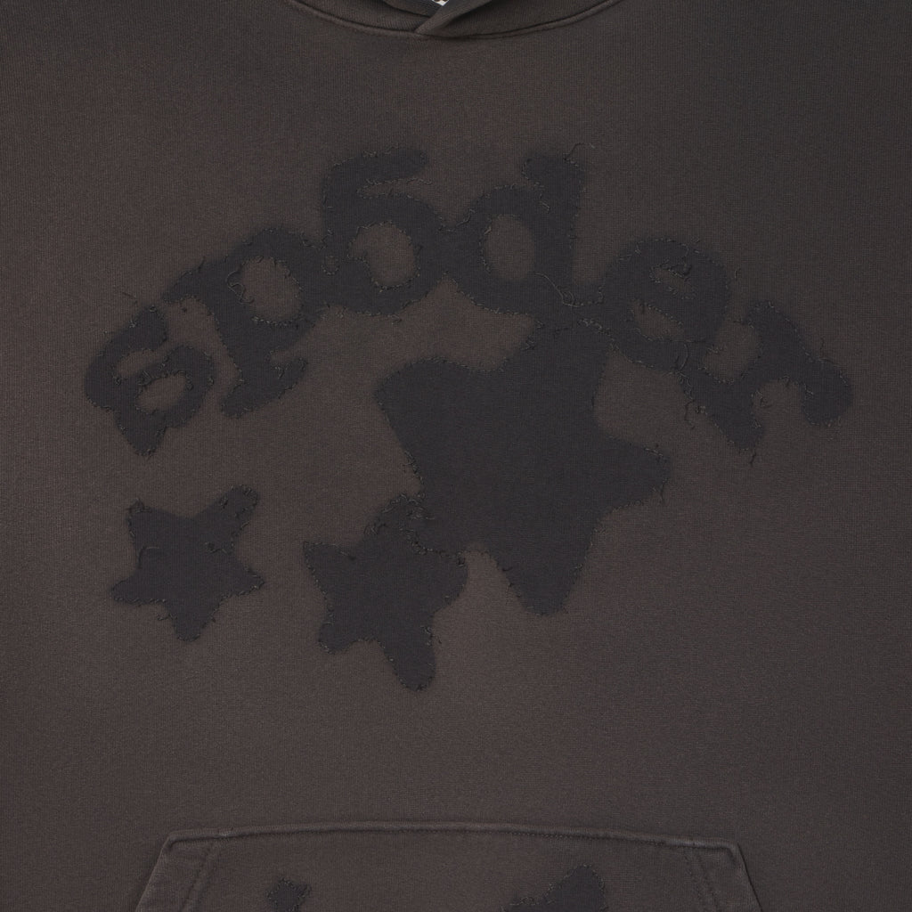 Dark grey 100% cotton fleece hoodie featuring distressed SP5DER graphic print and star applique designs.