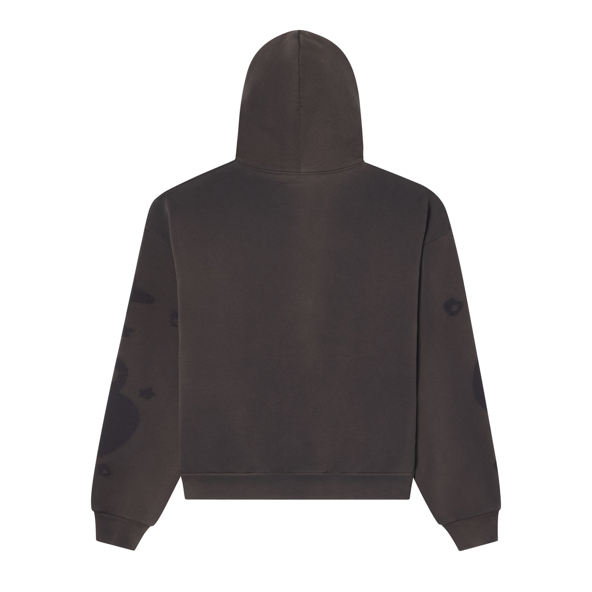Back view of a charcoal grey 100% cotton fleece hoodie with subtle graphic print details on the sleeves and a rib knit hem.
