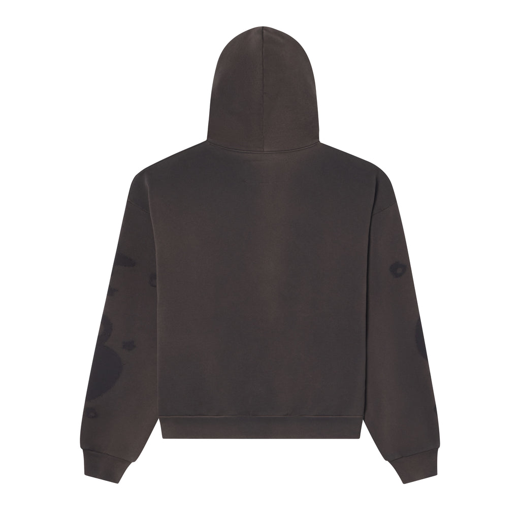 Back view of a charcoal grey 100% cotton fleece hoodie with subtle graphic print details on the sleeves and a rib knit hem.