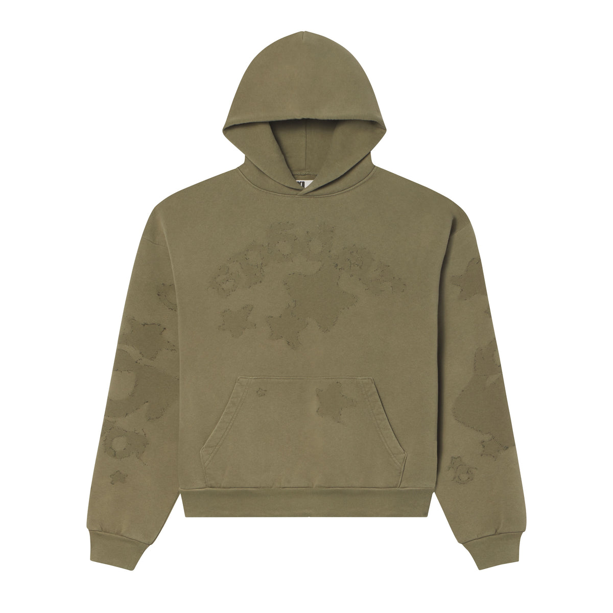 Olive green 100% cotton fleece hoodie featuring a distressed SP5DER graphic print, star designs, and a front kangaroo pocket.
