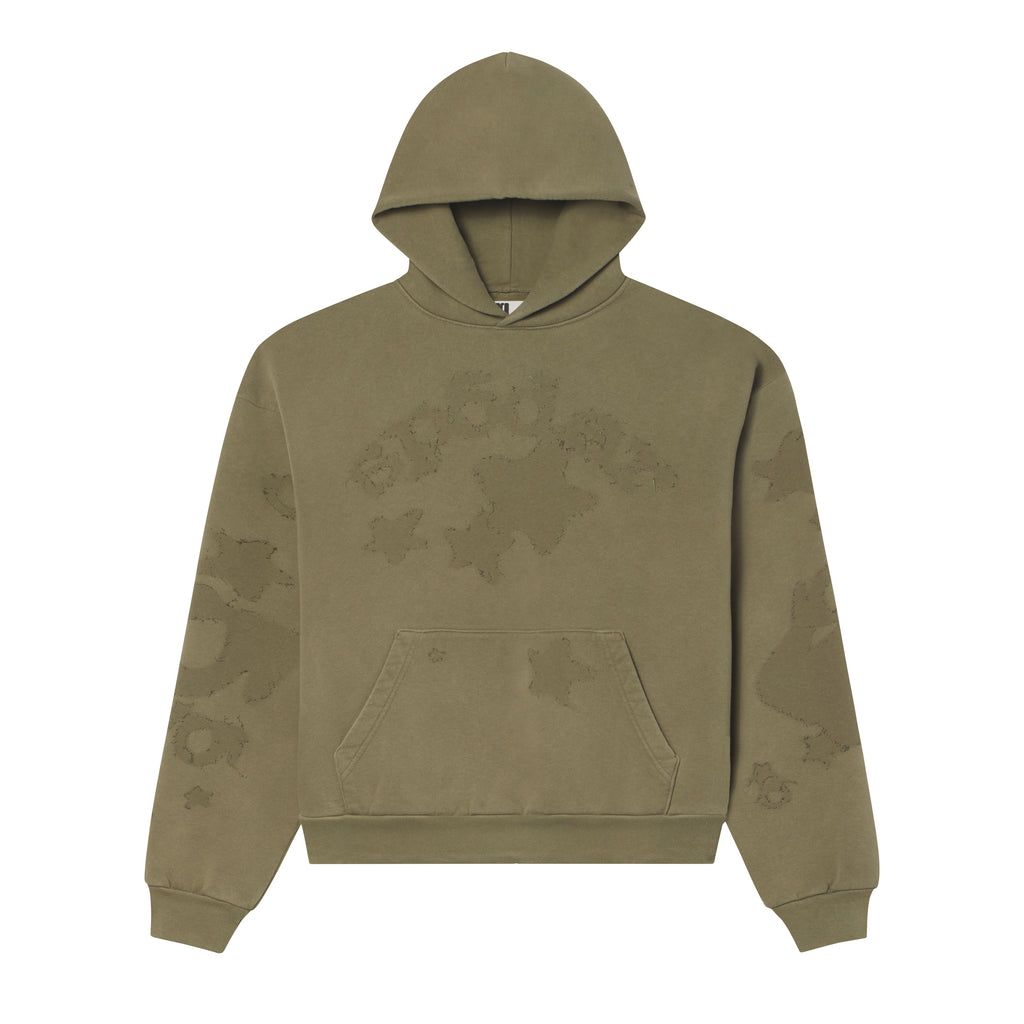 Olive green 100% cotton fleece hoodie featuring a distressed SP5DER graphic print, star designs, and a front kangaroo pocket.