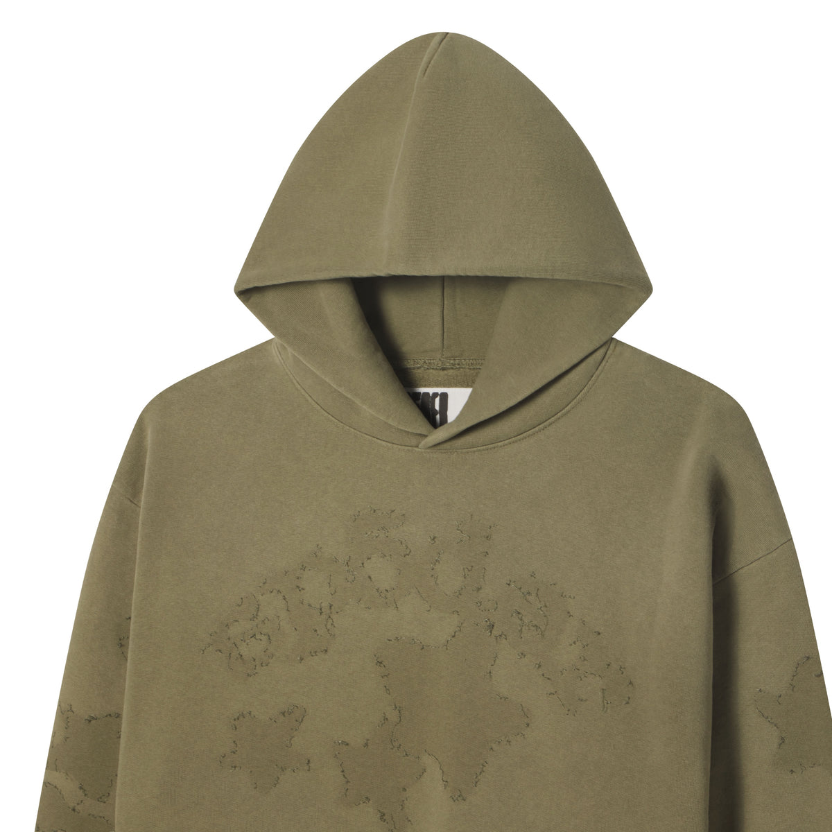 Olive green 13oz cotton fleece hoodie with distressed SP5DER graphic print and star designs on the front.