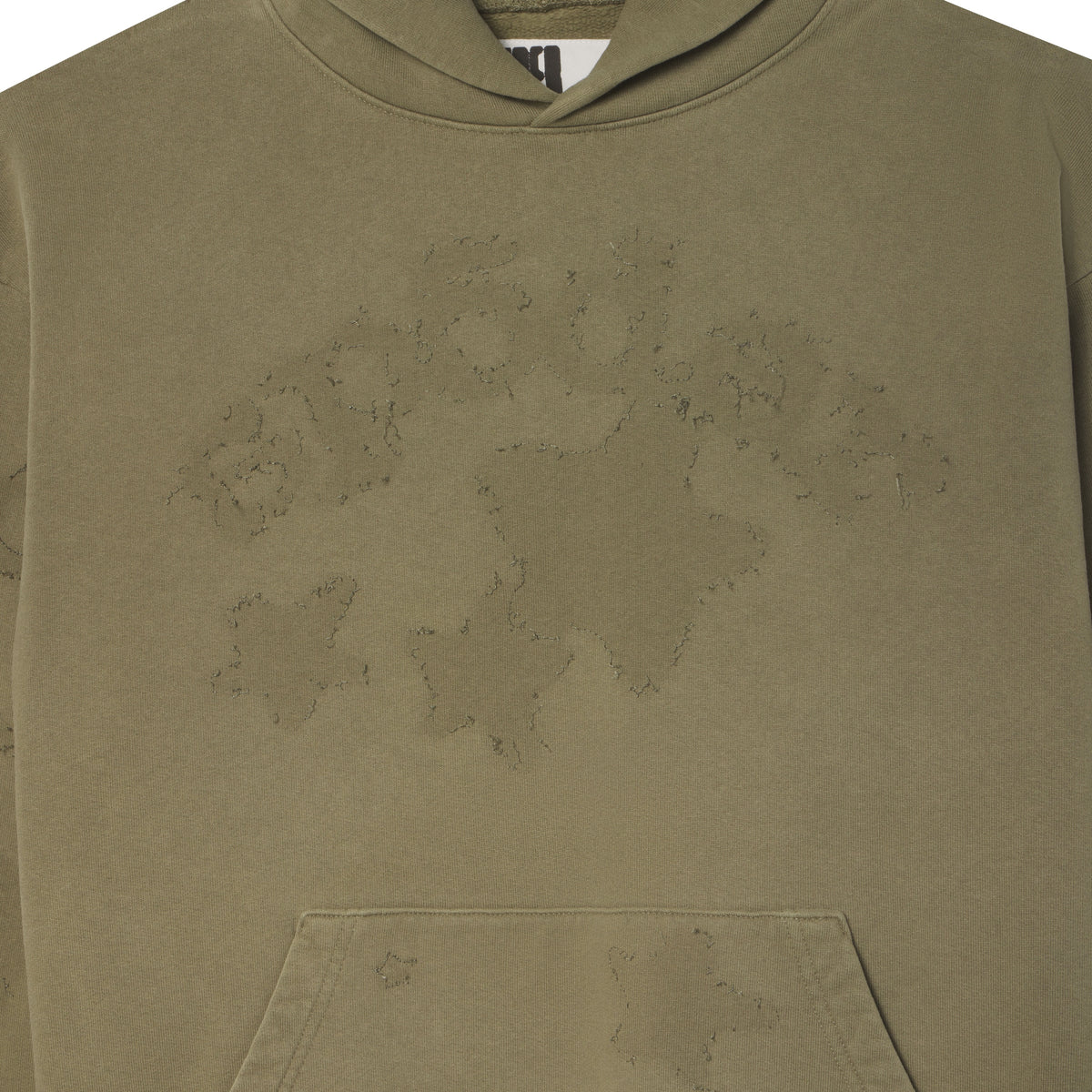 Olive green 100% cotton fleece hoodie featuring a distressed SP5DER star graphic print and a front kangaroo pocket.