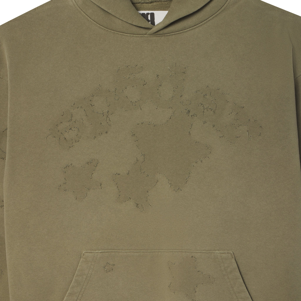 Olive green 100% cotton fleece hoodie featuring a distressed SP5DER star graphic print and a front kangaroo pocket.