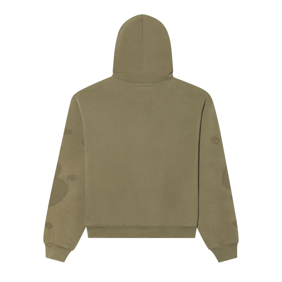 Back view of a 13oz cotton fleece Beluga hoodie in olive with distressed graphic sleeve details and rib knit cuffs.
