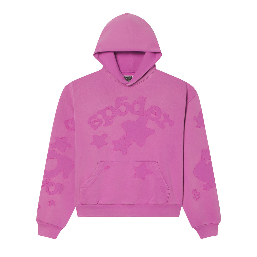 Pink 100% cotton fleece hoodie featuring distressed SP5DER lettering and star graphic prints on the front and sleeves.