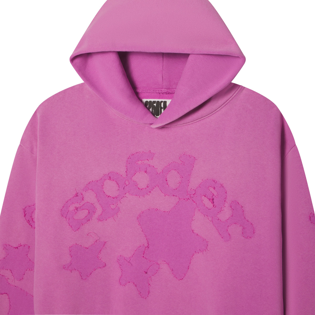 Pink 13oz cotton fleece hoodie featuring a distressed SP5DER graphic print and star applique design on the front and sleeves.