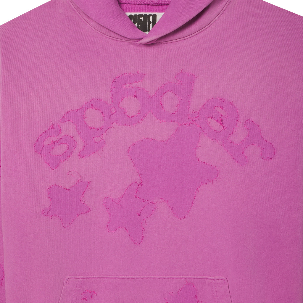 Pink 100% cotton fleece hoodie featuring distressed SP5DER text and star graphic applique designs.