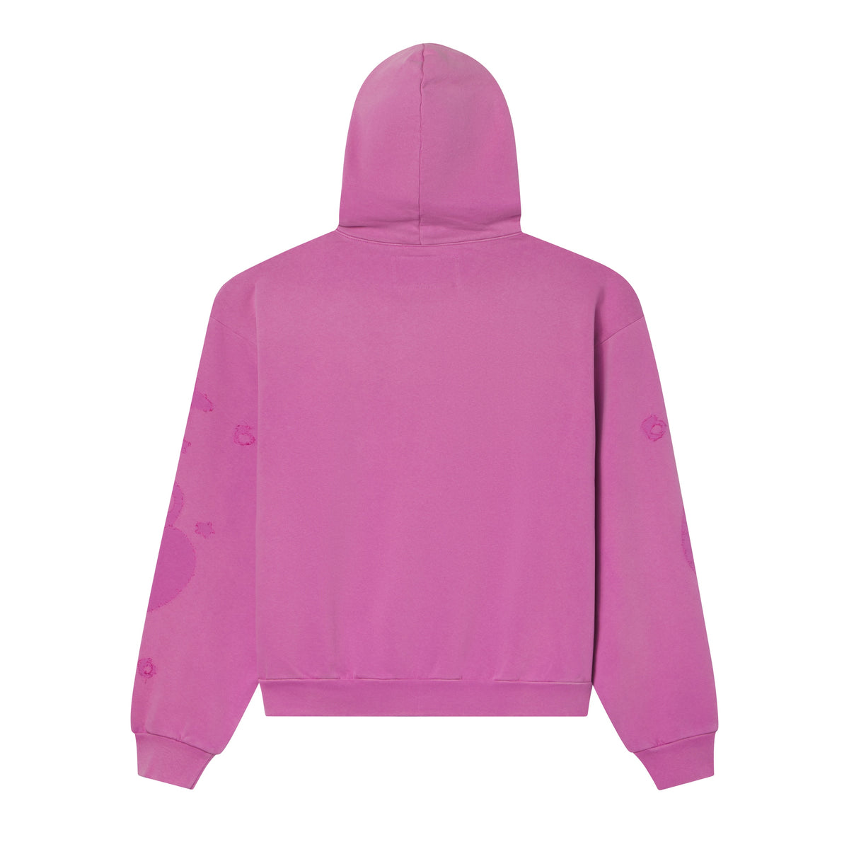 Back view of a pink 13oz cotton fleece hoodie with subtle distressed star graphic prints on the sleeves and ribbed trim.