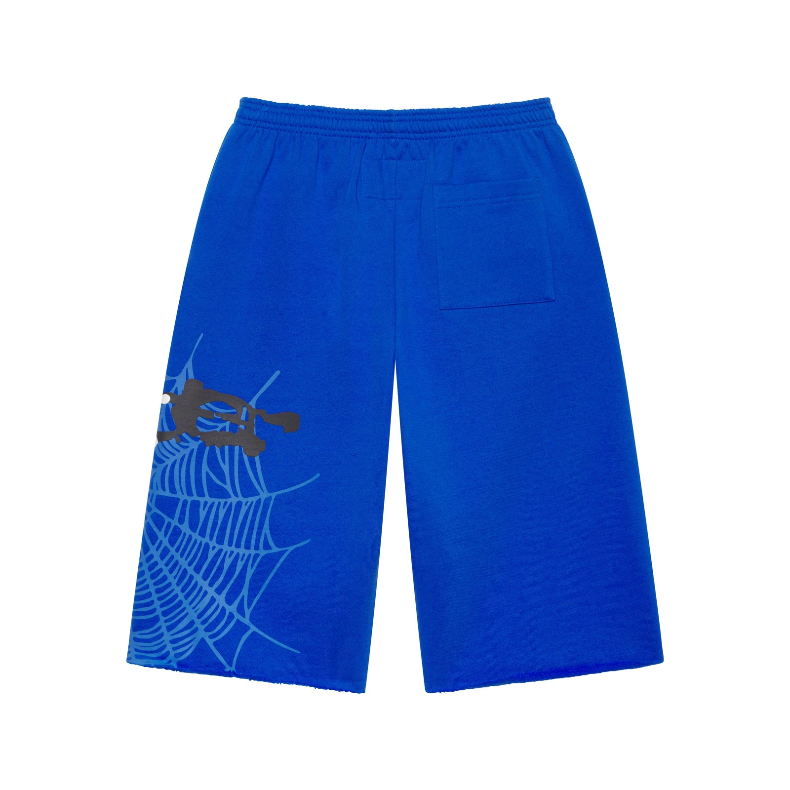 Blue 13oz cotton fleece long shorts with SP5DER web graphic, scattered stars, drawcord, back pocket, and raw hem.
