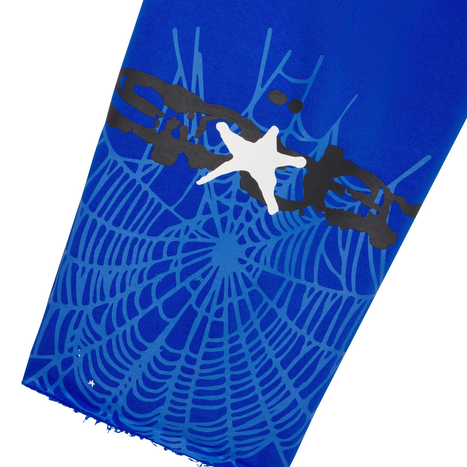 Blue cotton fleece long short with black SP5DER web graphic, white star, and scattered star print.