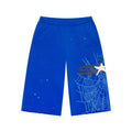 Blue cotton fleece long shorts with SP5DER web graphic, scattered stars, and raw hem.
