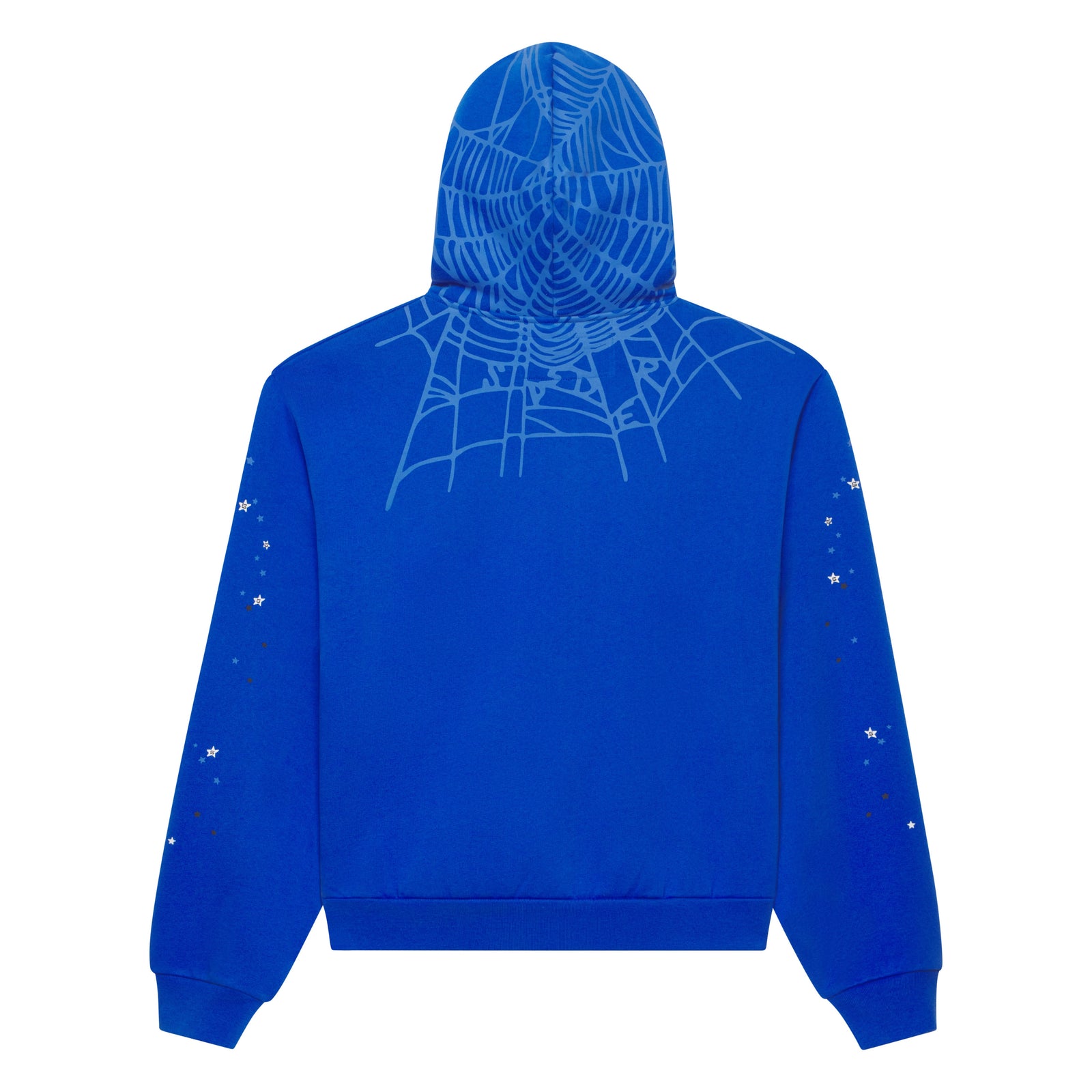 Blue 100% cotton fleece full zip hoodie with web print on hood/shoulders and scattered stars on sleeves.