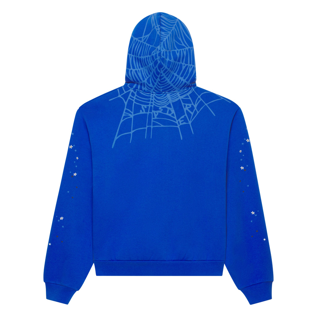 Blue 100% cotton fleece full zip hoodie with web print on hood/shoulders and scattered stars on sleeves.