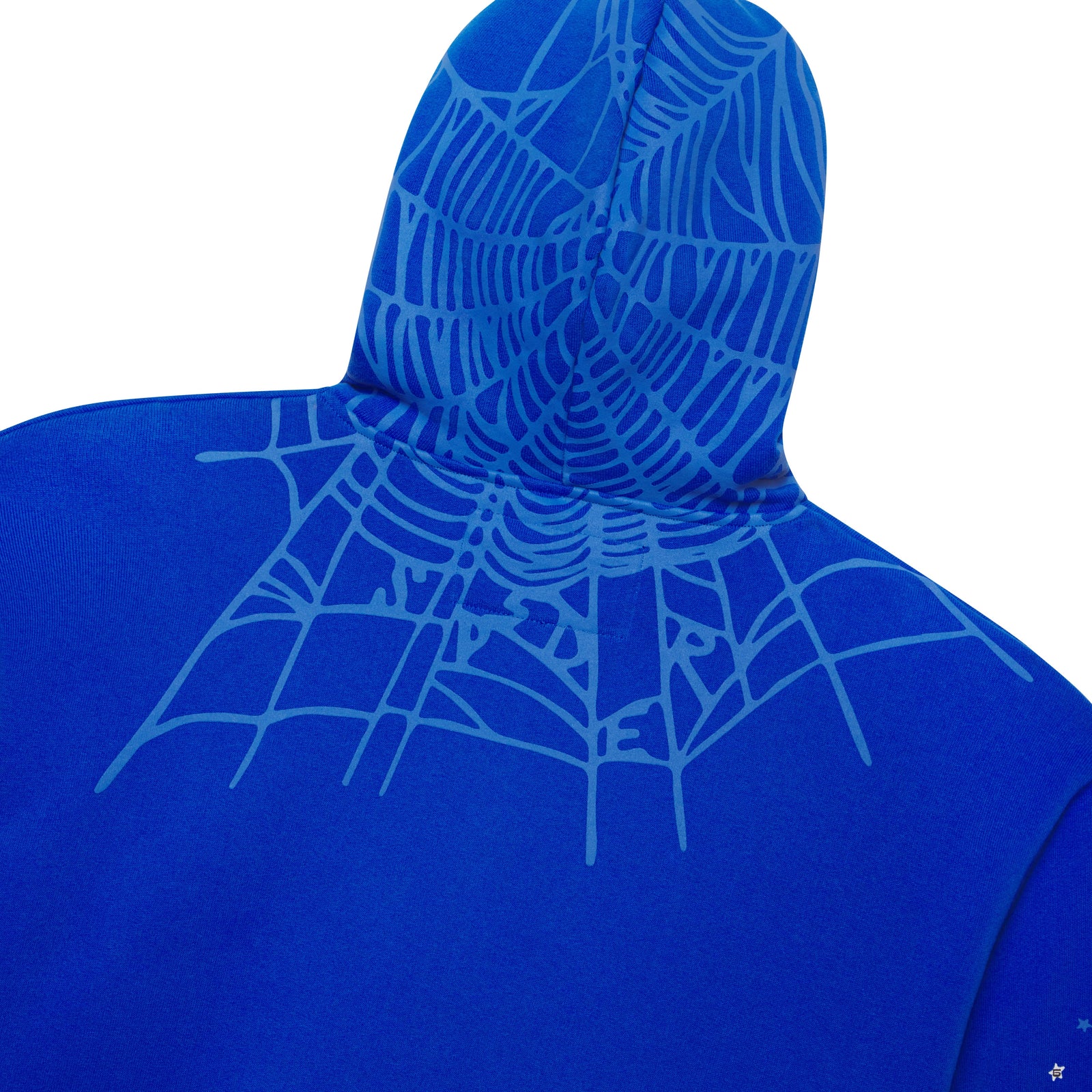 Blue 100% cotton fleece hoodie with web print on back hood and shoulders, scattered star print.