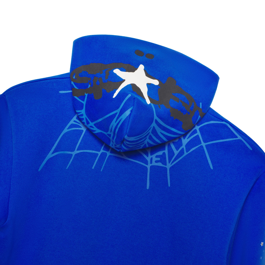 Blue 13oz cotton fleece full zip hoodie with white star and black web print on hood and shoulders.