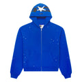Blue 13oz cotton fleece full zip hoodie with scattered star print and web print on hood.