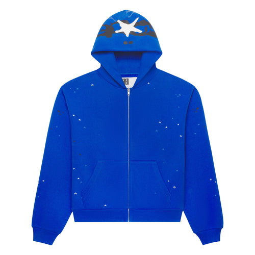 Blue 13oz cotton fleece full zip hoodie with scattered star print and web print on hood.