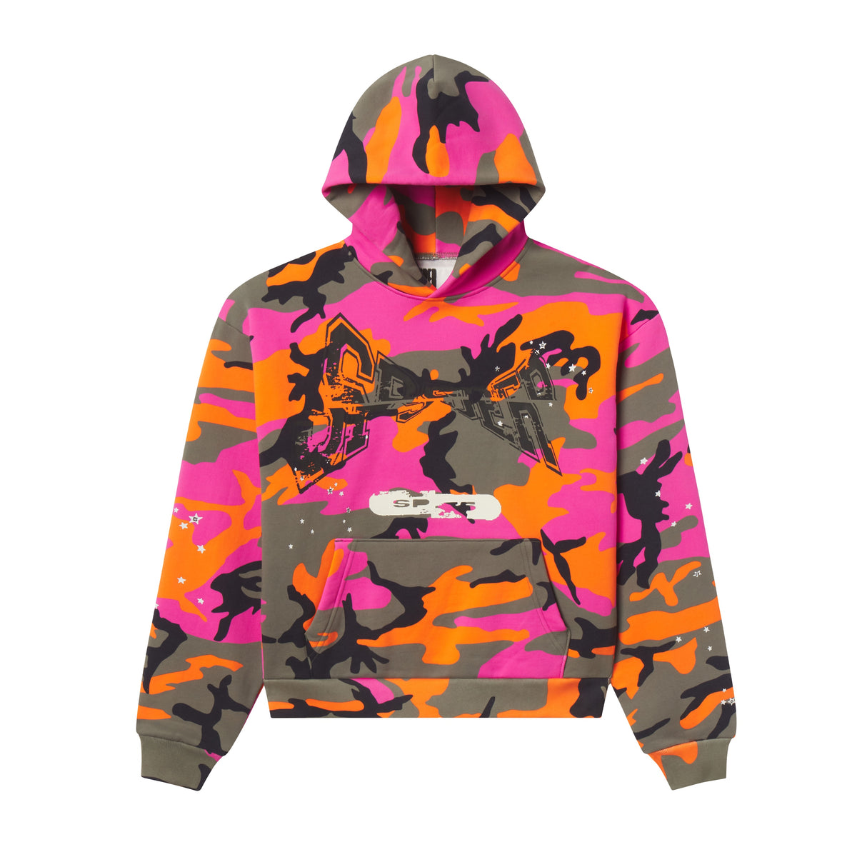 Pink, orange, and olive camo cotton fleece hoodie with a black graphic print, scattered stars, and a front kangaroo pocket.