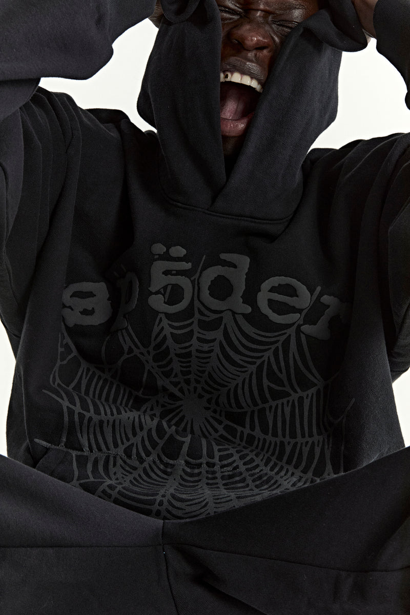 BLACK PHANTOM WEB HOODIE ON MODEL