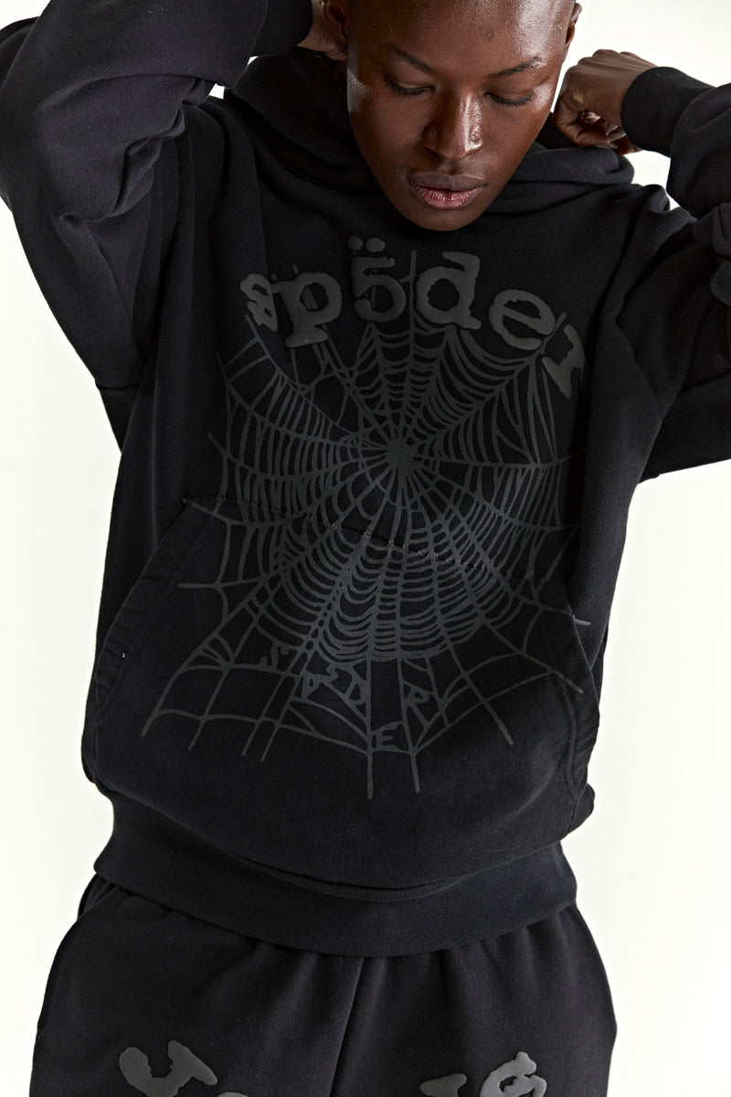 BLACK PHANTOM WEB HOODIE ON MODEL