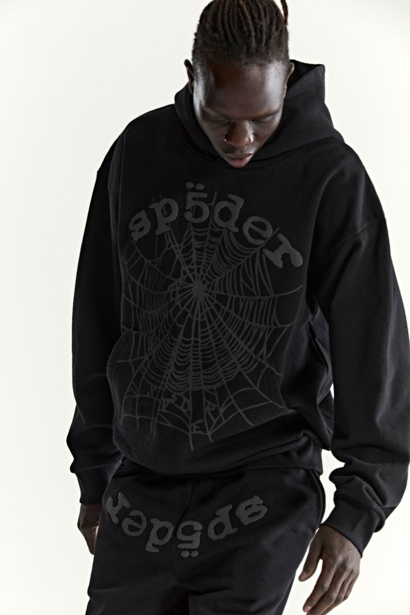 BLACK PHANTOM WEB HOODIE ON MODEL