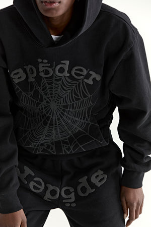 BLACK PHANTOM WEB HOODIE ON MODEL